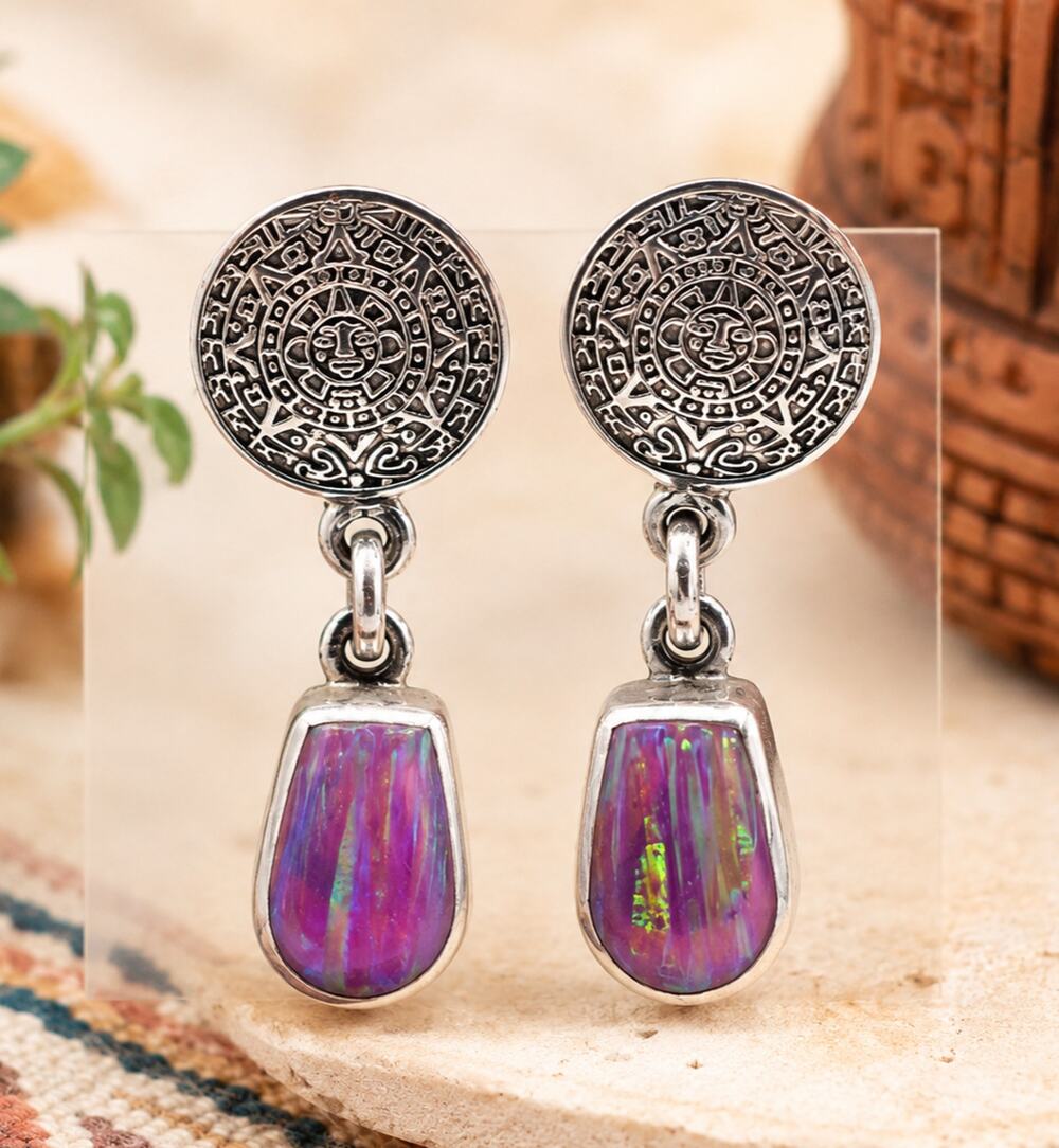 Vintage Cardenas Taxco 950 Silver Opal Inlay Aztec Calendar Dangle Earrings